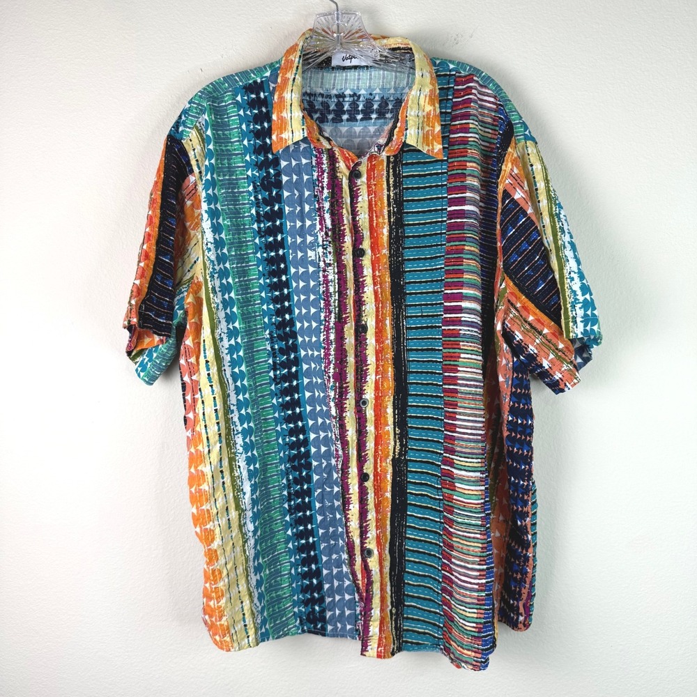 Vatpave Shirt Mens XXL Multicolor Geometric Stripe Short Sleeve Button Down Top